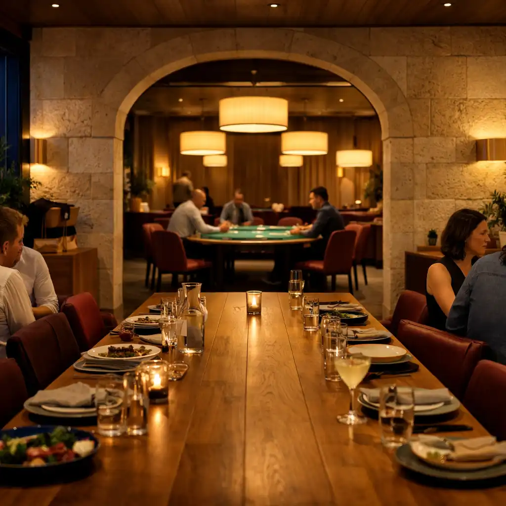 Long dining table leading toward a softly lit Card Lounge with physical poker tables beyond