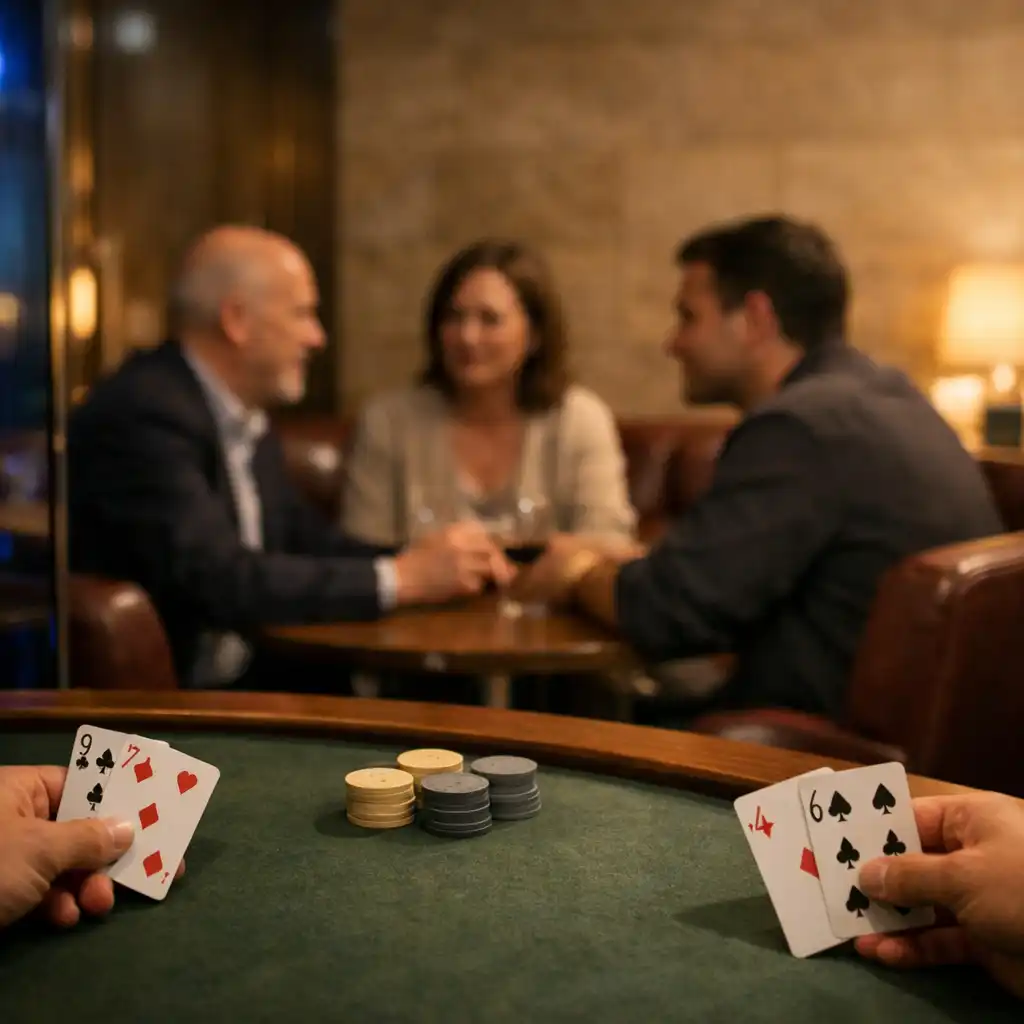 Three guests in face-to-face conversation across a gumleaf-felt physical poker table
