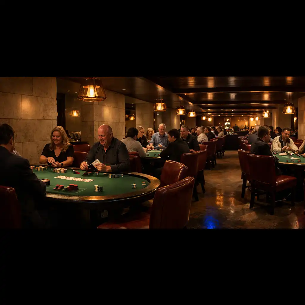 Several complete physical poker tables with face-to-face groups in Jogo Ventura’s evening Card Lounge