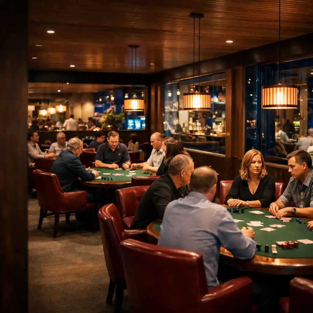 Several groups of adults gathered face-to-face around complete gumleaf-felt poker tables in the Card Lounge.