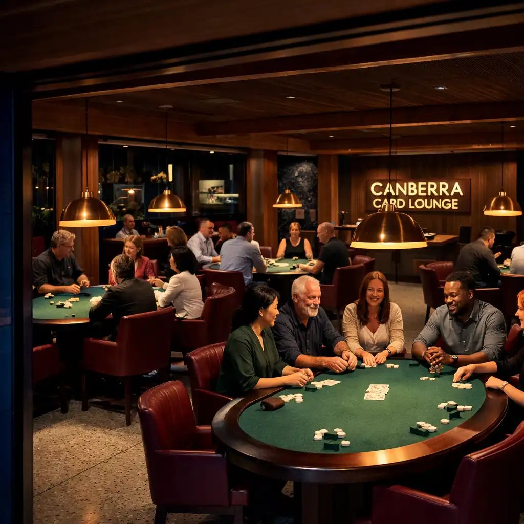 Guests gathered around pendant-lit physical poker tables in Jogo Ventura’s Card Lounge
