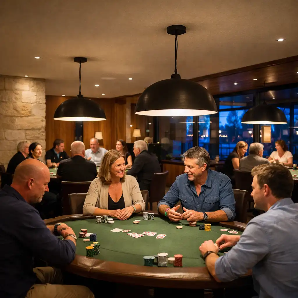 Several physical poker tables beneath pendant lights with guests talking in a refined Card Lounge
