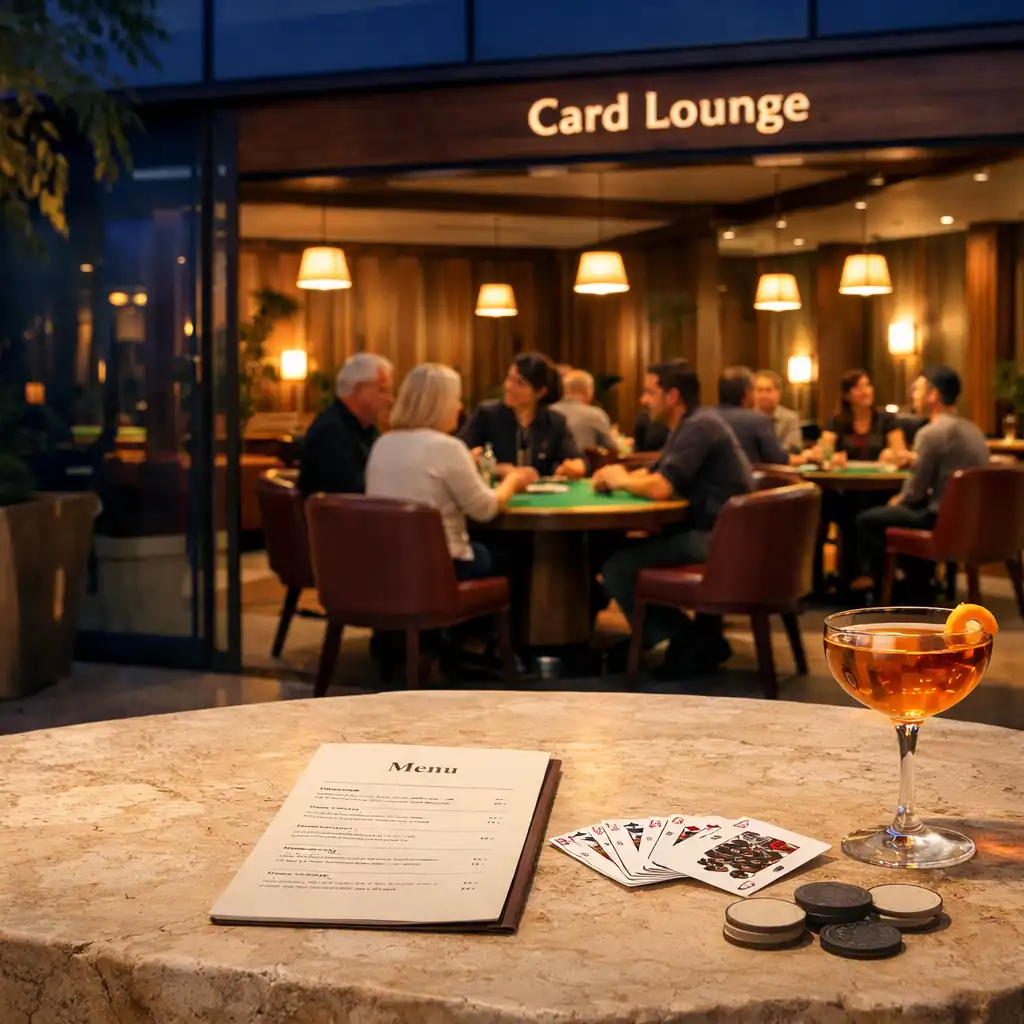 A limestone courtyard table with a menu, cocktail, playing cards and neutral chips, with illuminated physical poker tables visible through cobalt glass beyond.