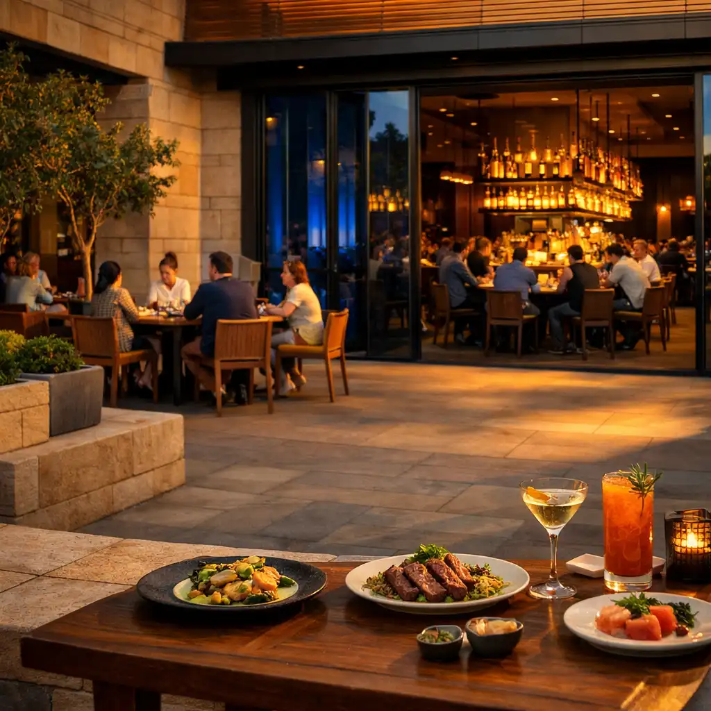 A limestone courtyard dining setting with dishes and cocktails leading through glass to physical poker tables in the Card Lounge.