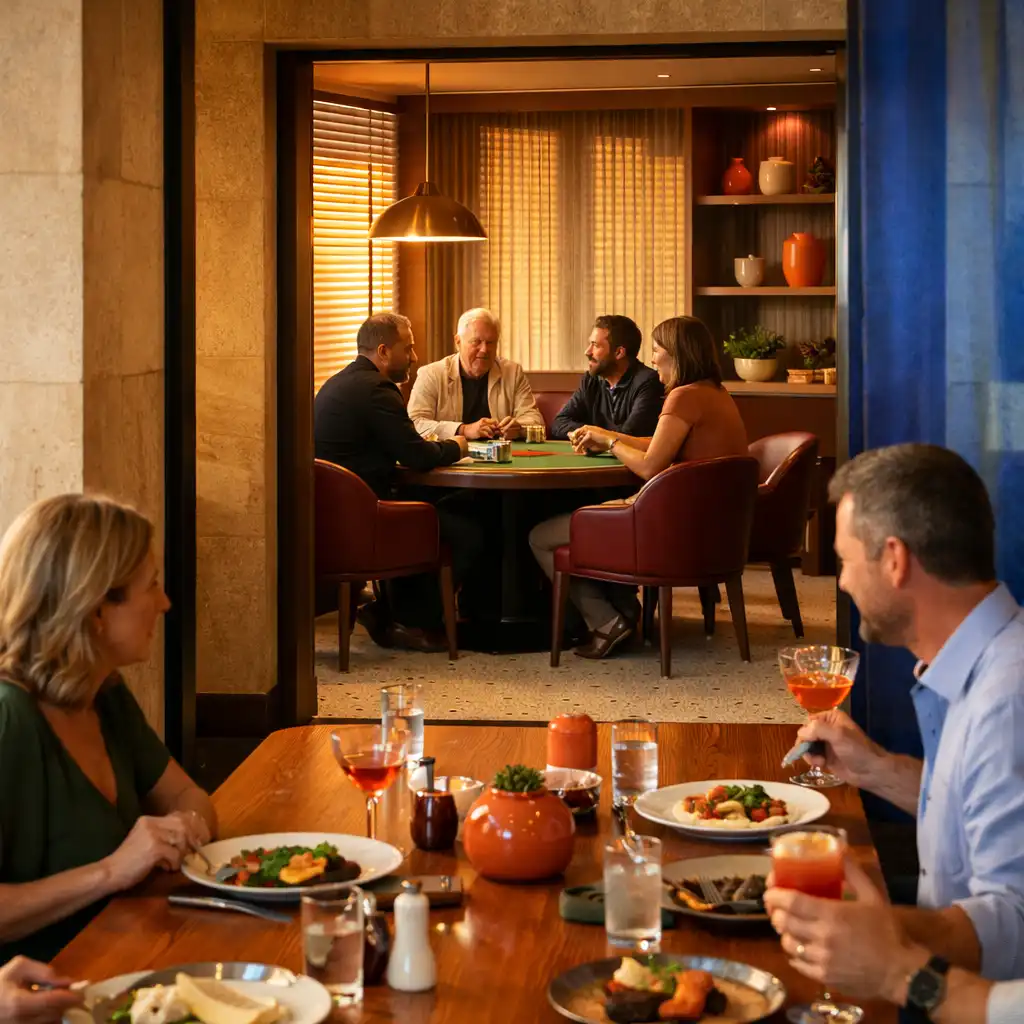 A dining table in the foreground with an intimate physical poker table visible through the Card Lounge threshold
