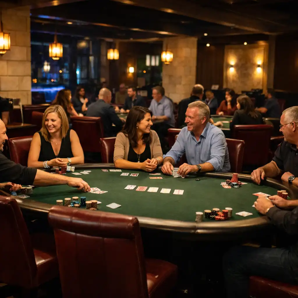 Guests gathered face-to-face around physical poker tables in the Card Lounge