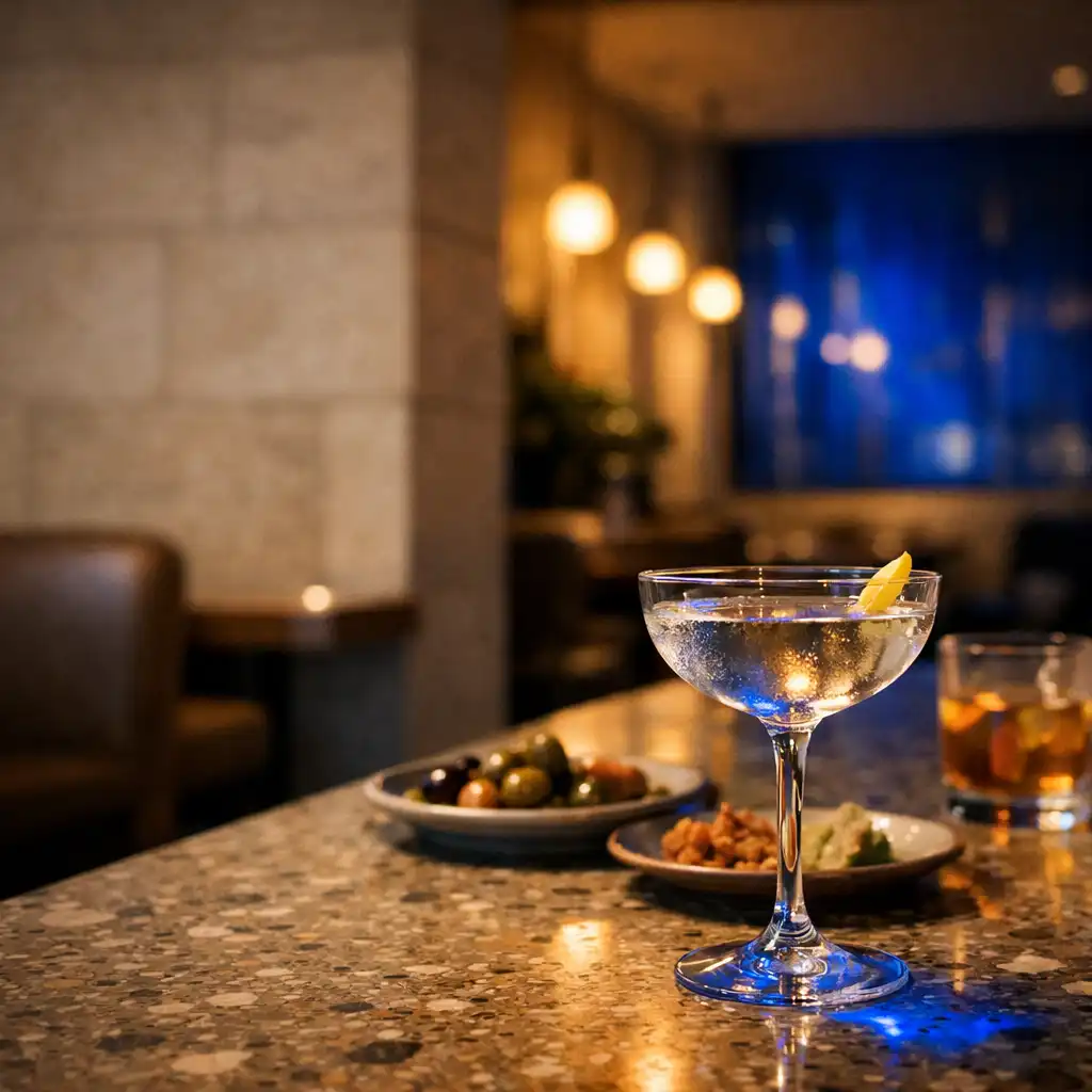 A carefully made cocktail catching cobalt reflections in the dining room