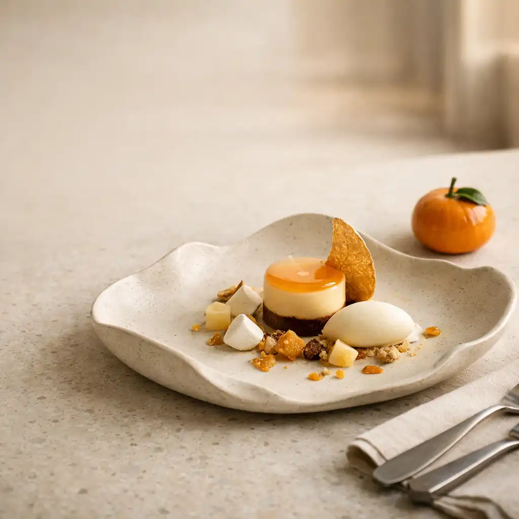 A refined dessert on pale ceramic with a mandarin accent