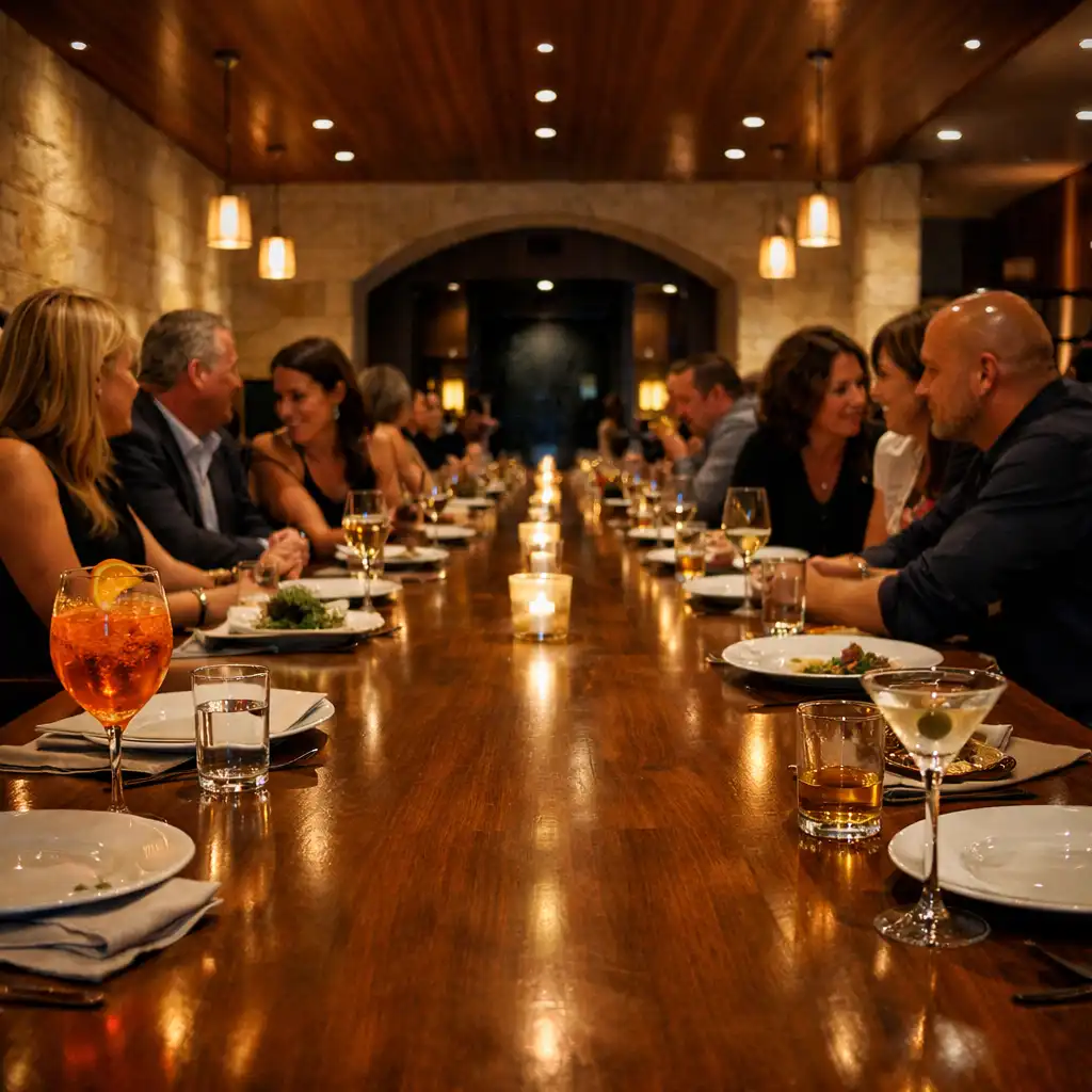 Guests conversing along a long table as the dining room moves into evening