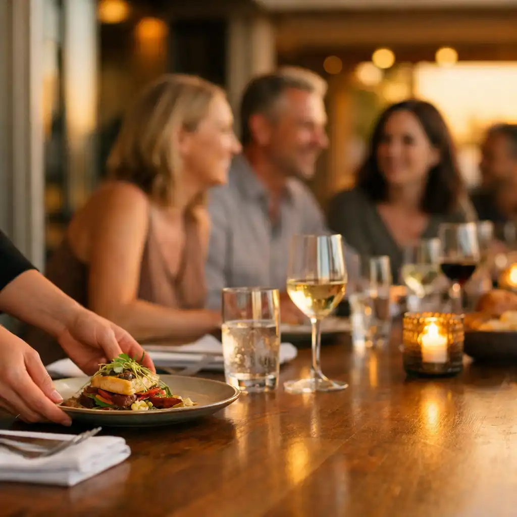A server placing a refined dish at a shared long table