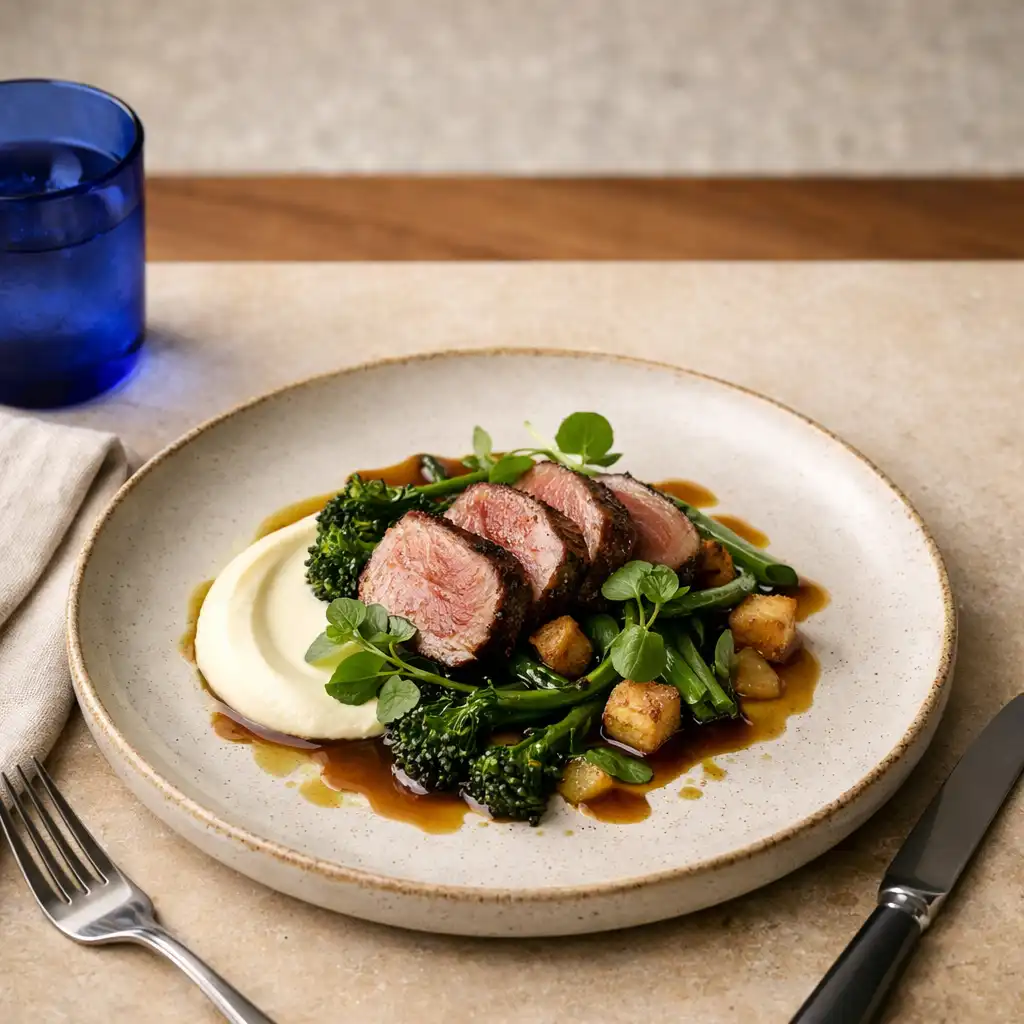 A carefully composed signature plate on a limestone table