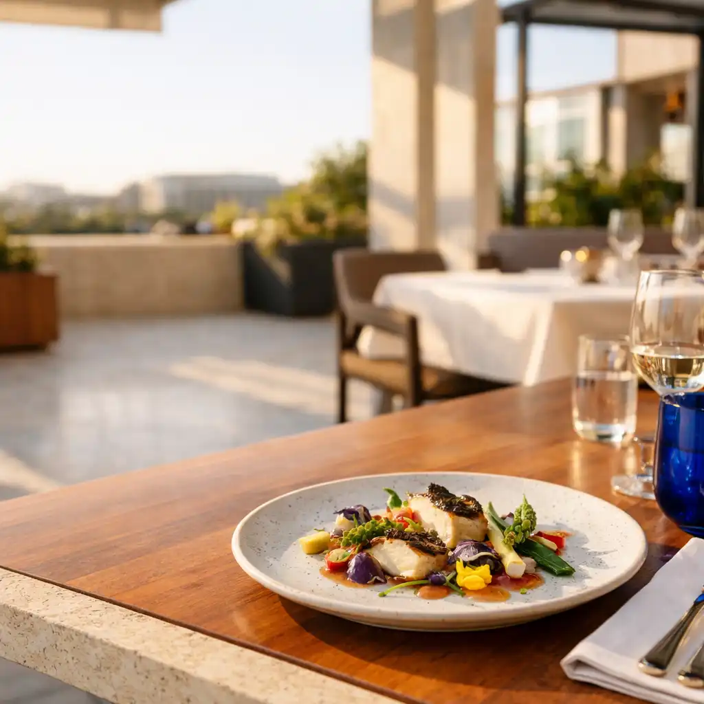 A refined plated dish on a bright terrace table at Jogo Ventura