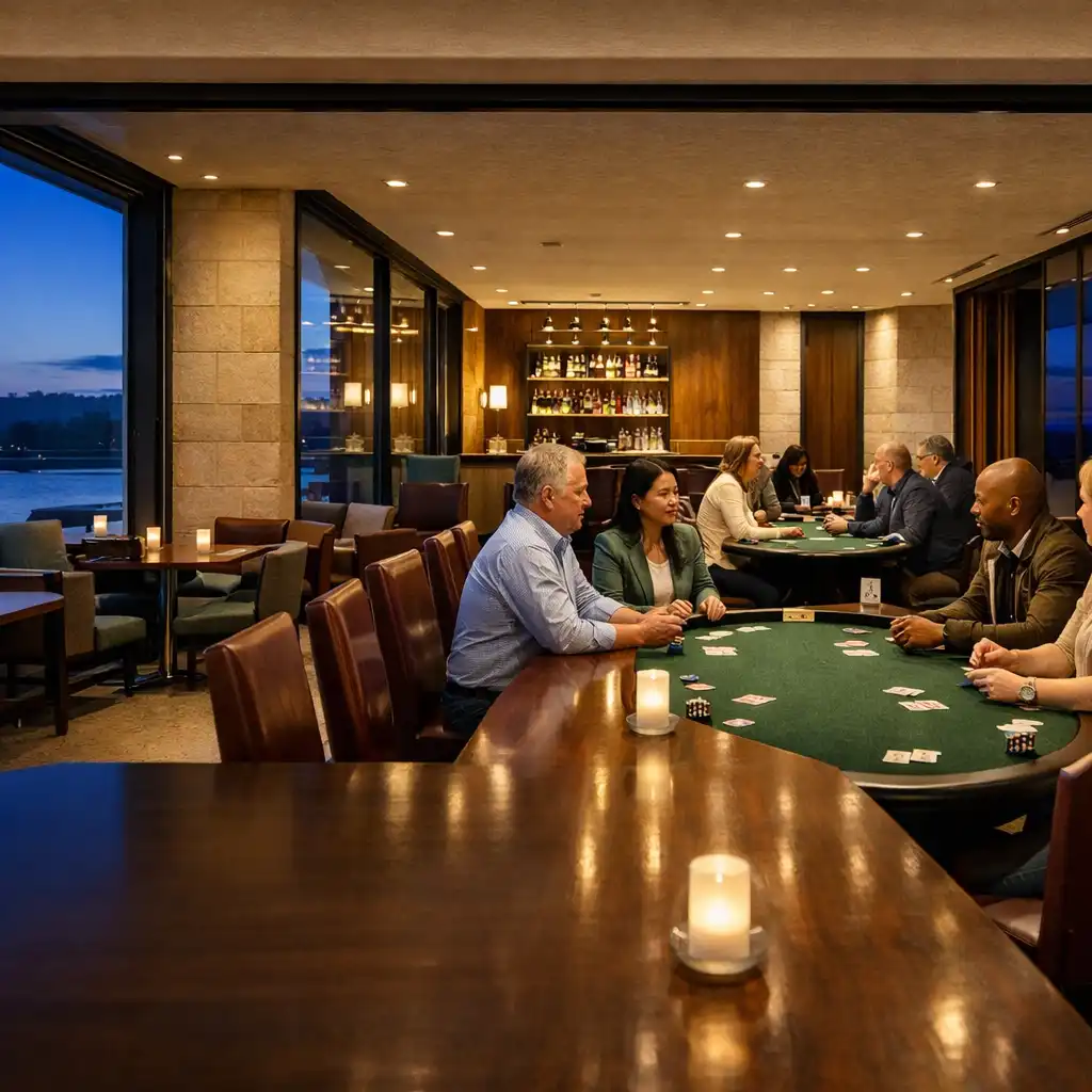 Panoramic view from terrace dining through to relaxed guests at complete physical poker tables