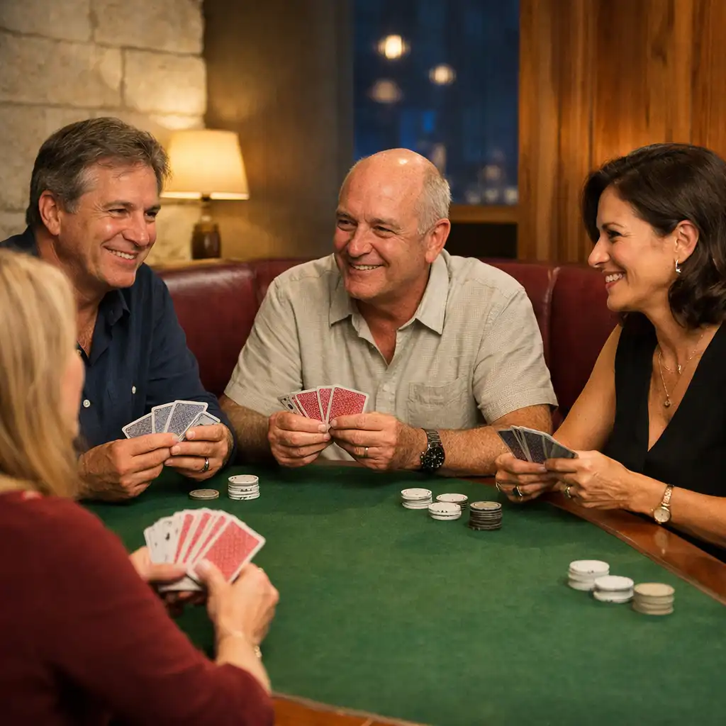 Relaxed adult guests talking around a gumleaf felt physical poker table in the Card Lounge
