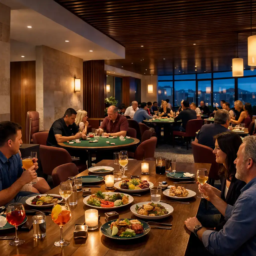 Long dining tables and several complete physical poker tables in a connected evening venue