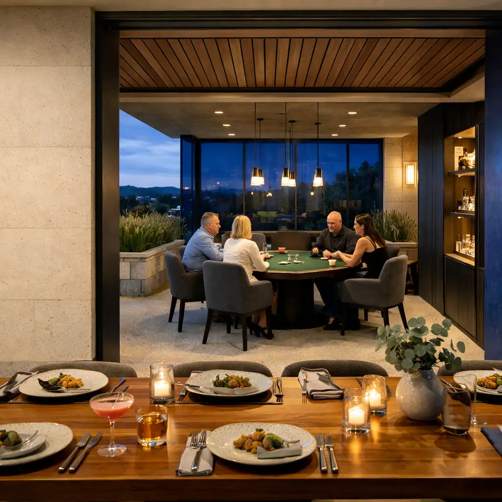 Dining terrace leading into Jogo Ventura's Card Lounge with guests around a physical poker table