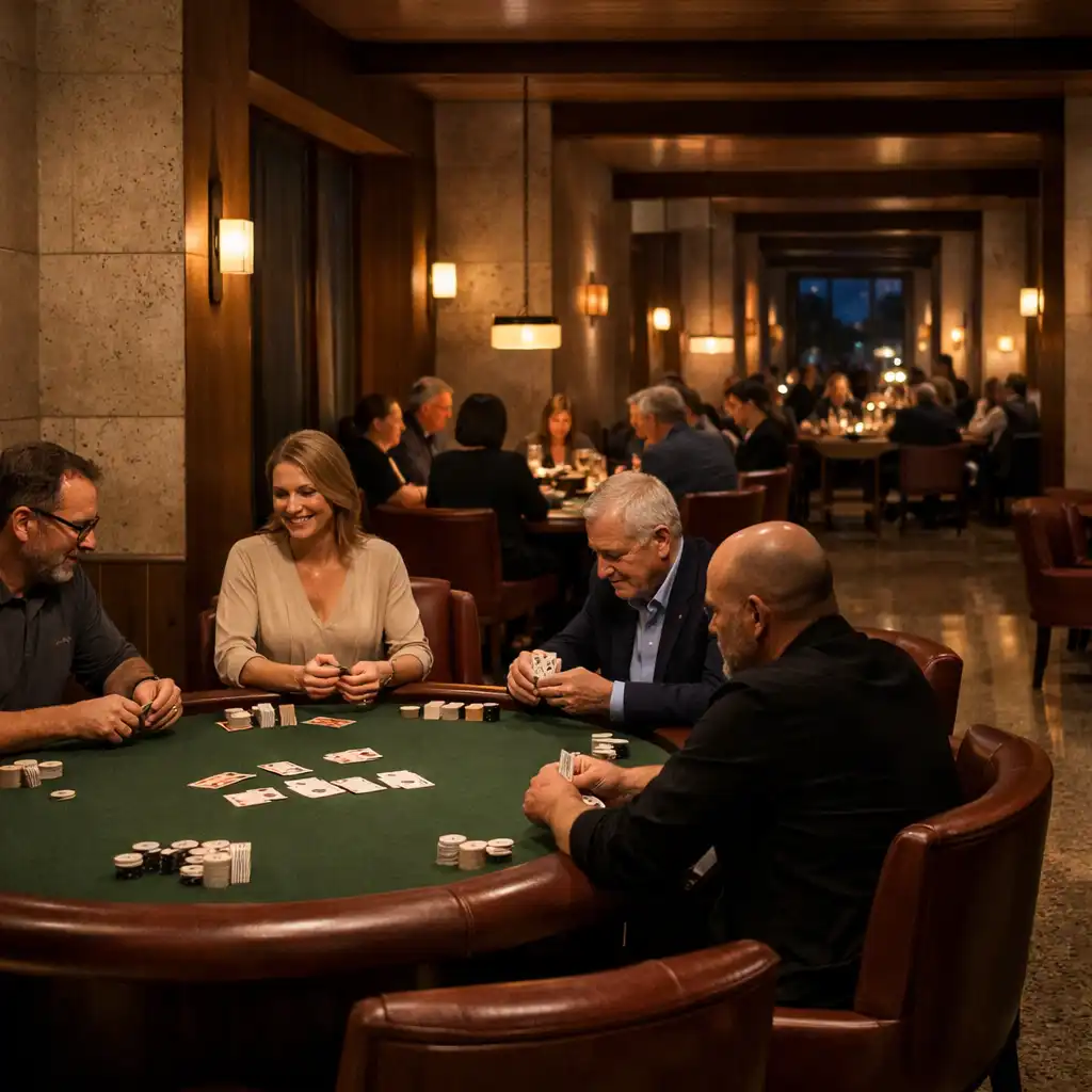 Several groups gathered around complete physical poker tables in an elegant evening Card Lounge