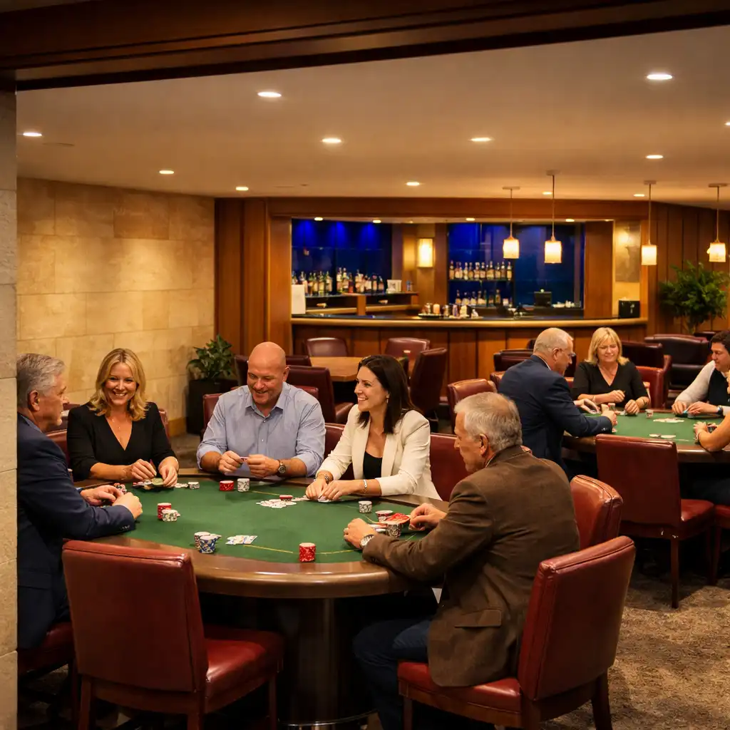 Guests gathered face-to-face around several complete physical poker tables in Jogo Ventura’s Card Lounge