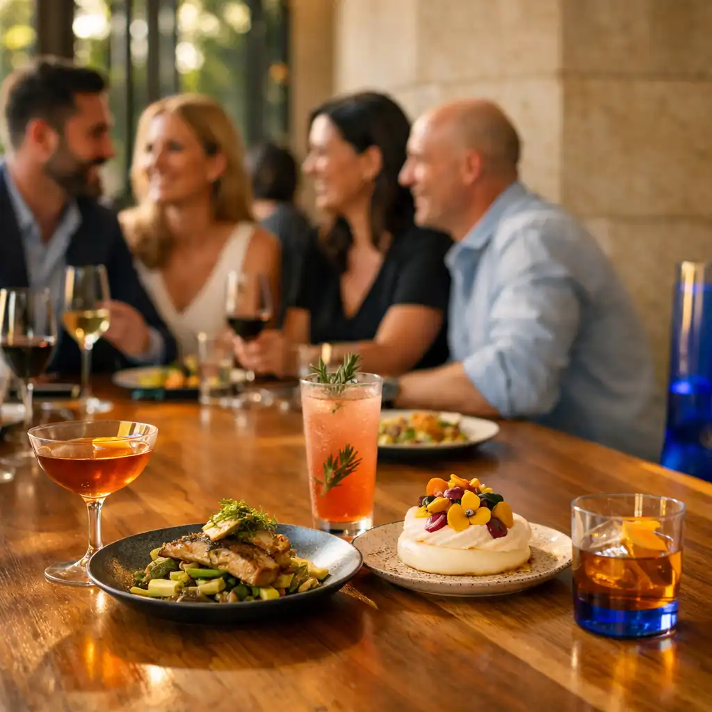 Friends sharing plated food, dessert and cocktails at a spotted-gum dining table.