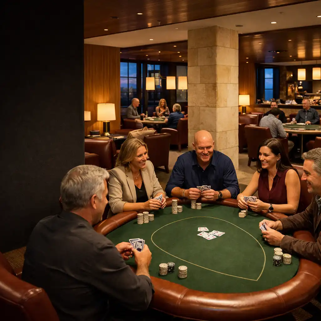 Guests seated face-to-face around a physical gumleaf-felt poker table in Jogo Ventura’s Card Lounge