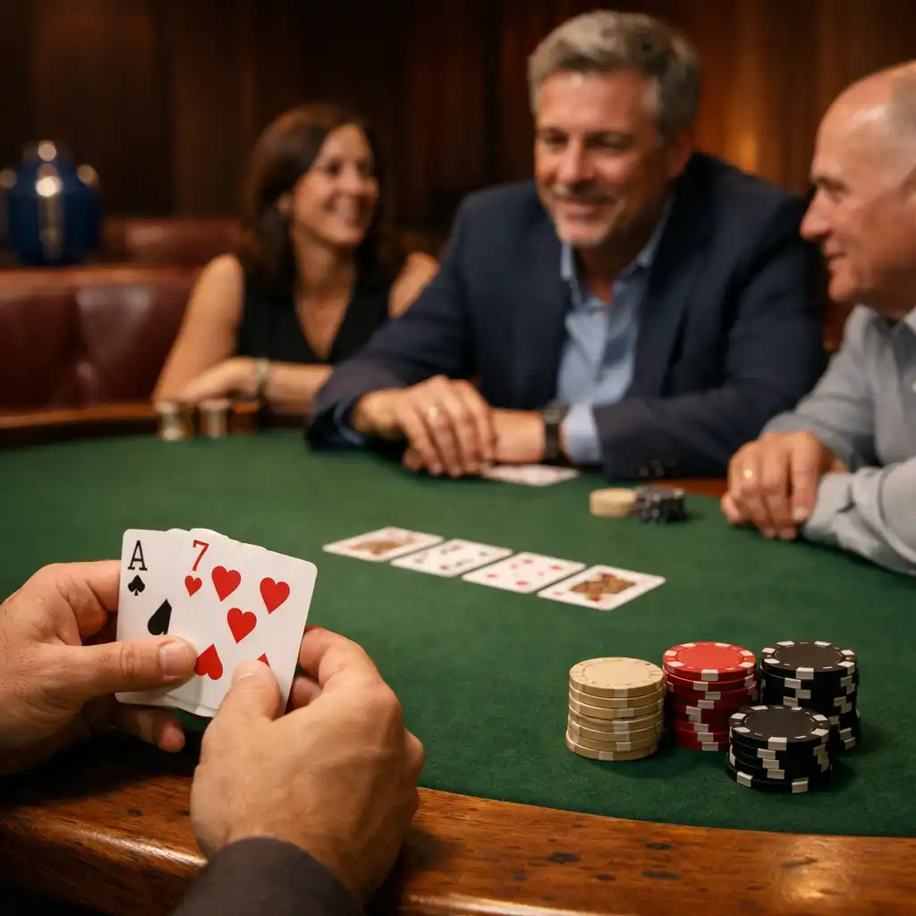 Adult guests around a gumleaf-felt physical poker table with cards and neutral chips visible.